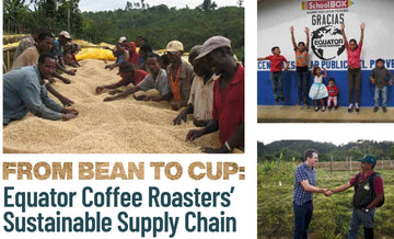 Coffee farmers working to dry coffee beans. Children in front of a school built by SchoolBox and Equator Coffee. Craig shaking hands with a coffee farmer.