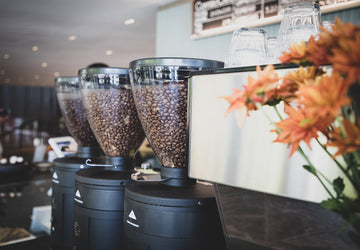 Coffee grinders and the back of an espresso machine in one of our cafes.