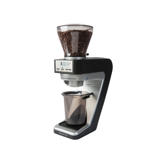 Coffee grinder with the hopper at the top full of coffee beans.