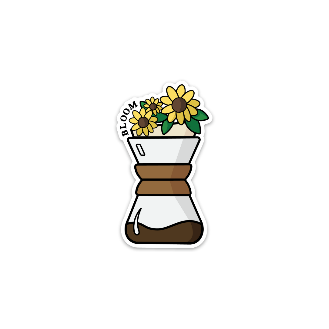 Sticker of a Chemex with sunflowers out the top of it, with the word Bloom on the left side of the flowers.