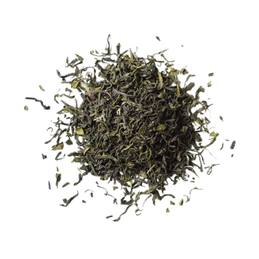 Scoop of Rishi's Jade Cloud loose leaf tea leaves.