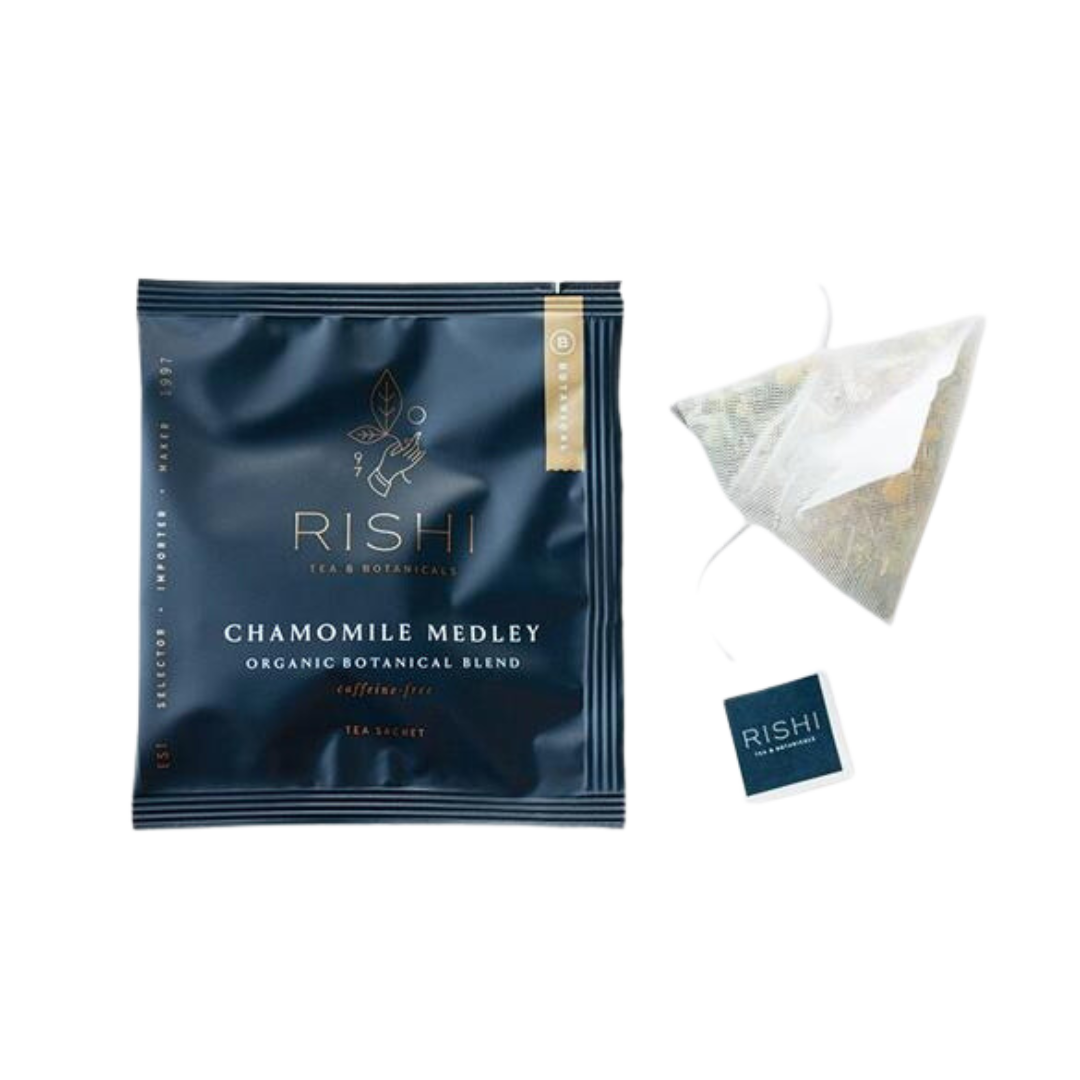 Package and tea bag of chamomile medley tea.