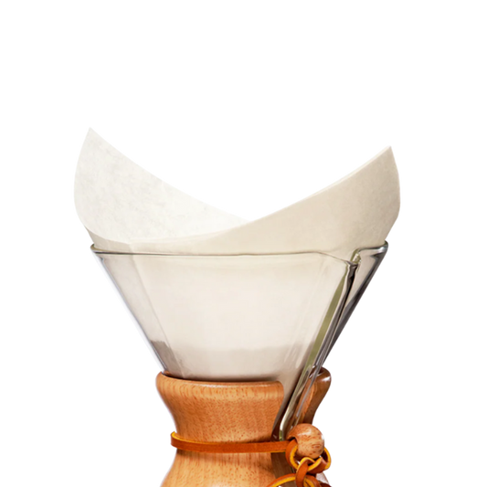 White Chemex coffee filter in the top of the brewer.