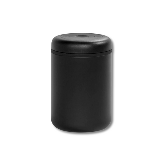 Black cylindrical container with lid on a white background