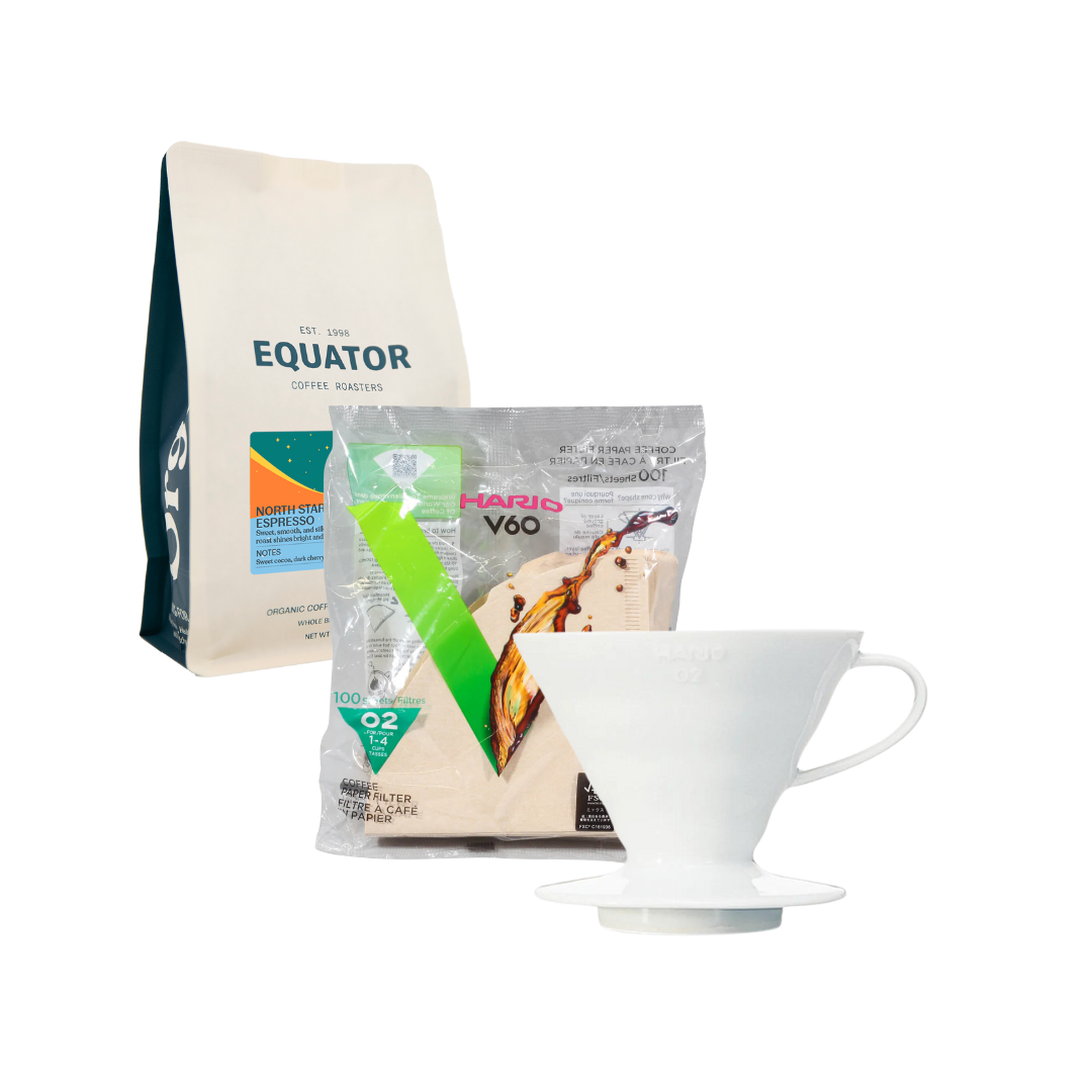 Bundle of coffee, white ceramic V60 and filters.