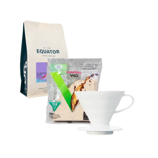 Coffee bundle of a bag of coffee, Hario V60 dripper and V60 filters.