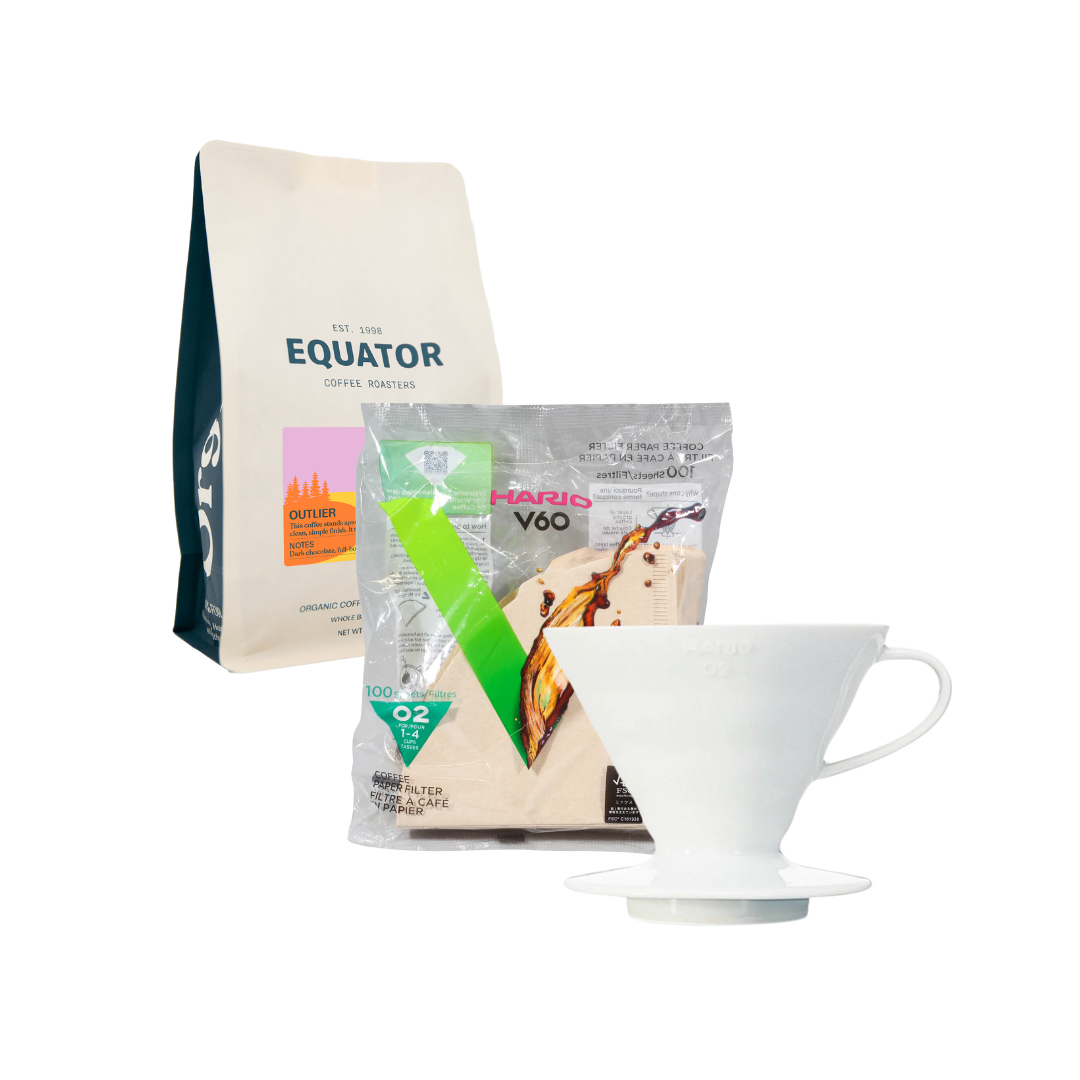 Brewing bundle of coffee, ceramic Hario V60 and filters.