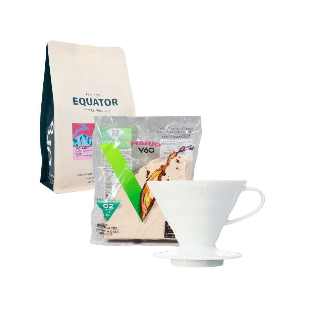 Ceramic Hario V60, filters and a bag of coffee.