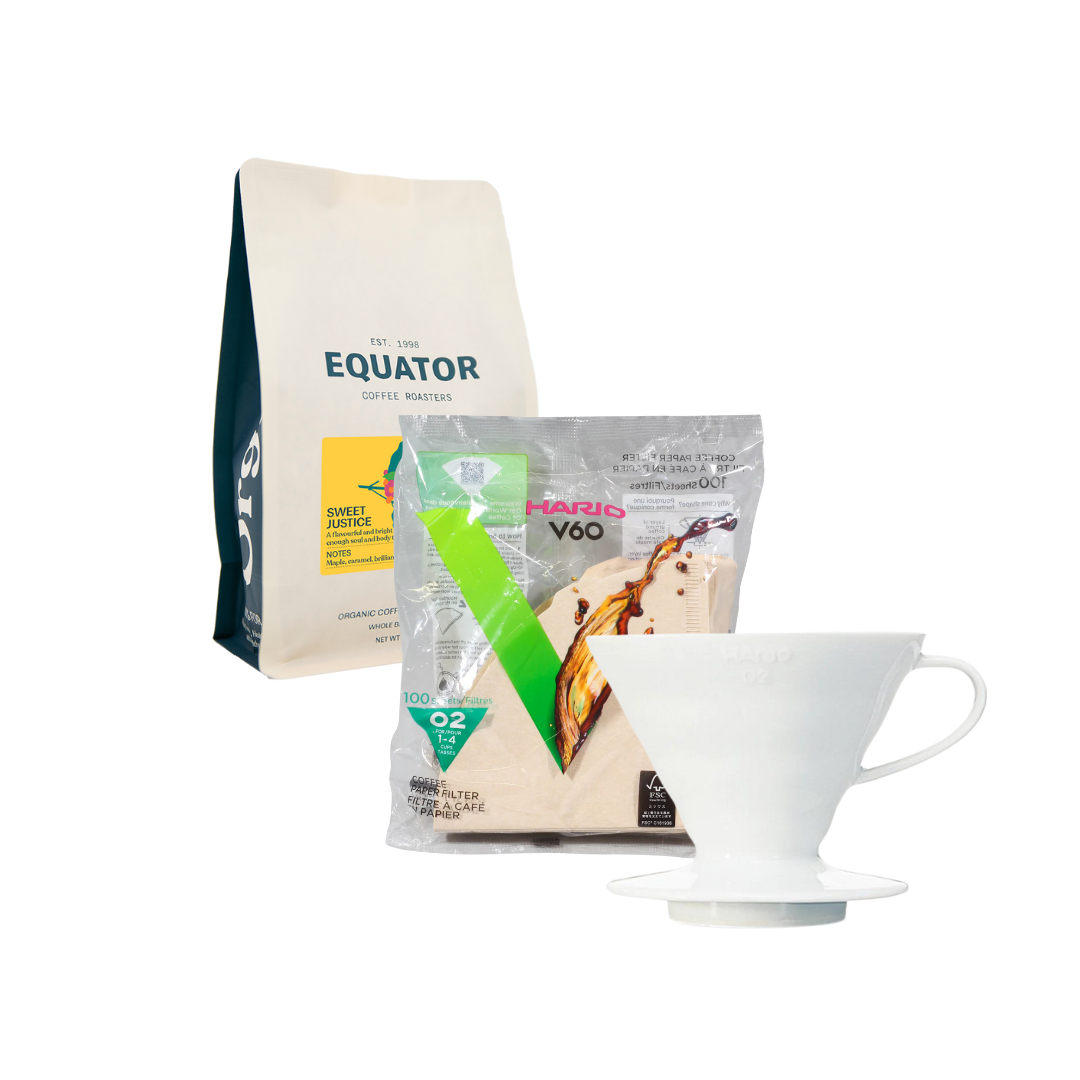 A bag of Sweet Justice, Hario filters and white ceramic V60.