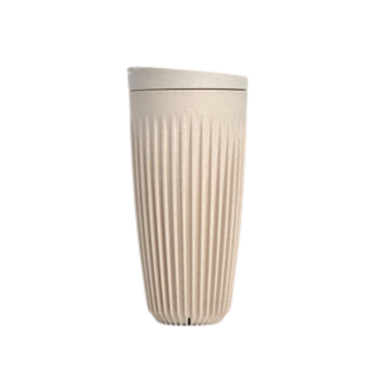 Cream coloured cup and lid.