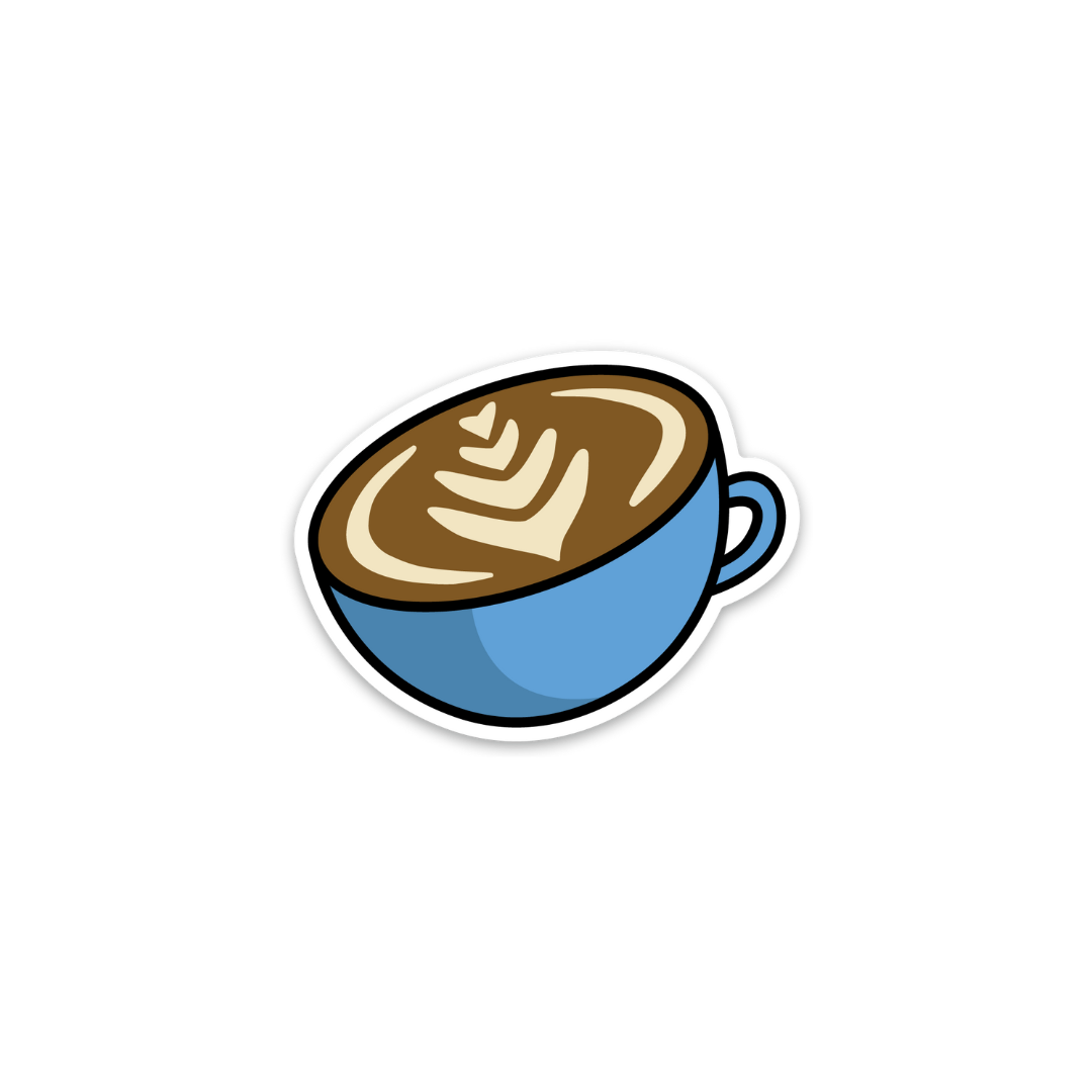 Blue cup with latte art sticker