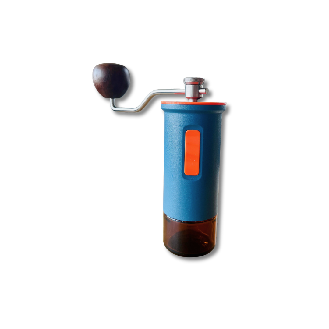 Blue and orange manual coffee grinder on a white background