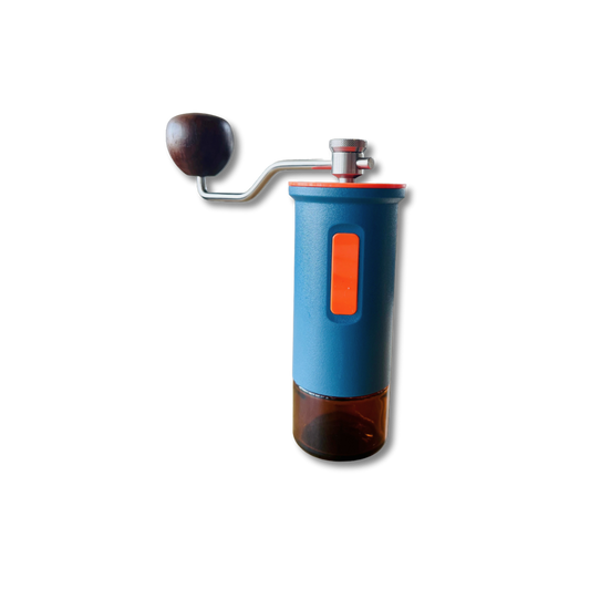 Blue and orange manual coffee grinder on a white background