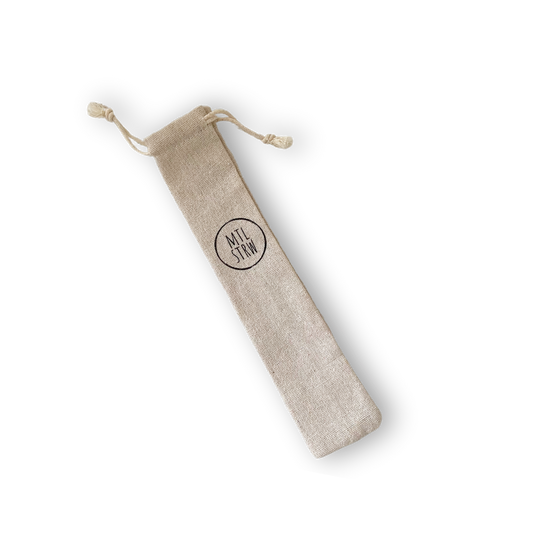Beige drawstring pouch to carry reusable straws.