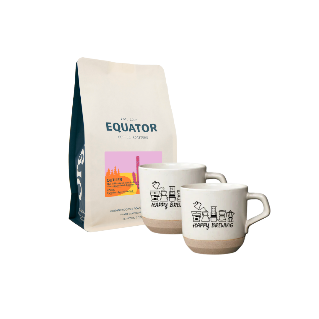 A bag of coffee and two white ceramic mugs.