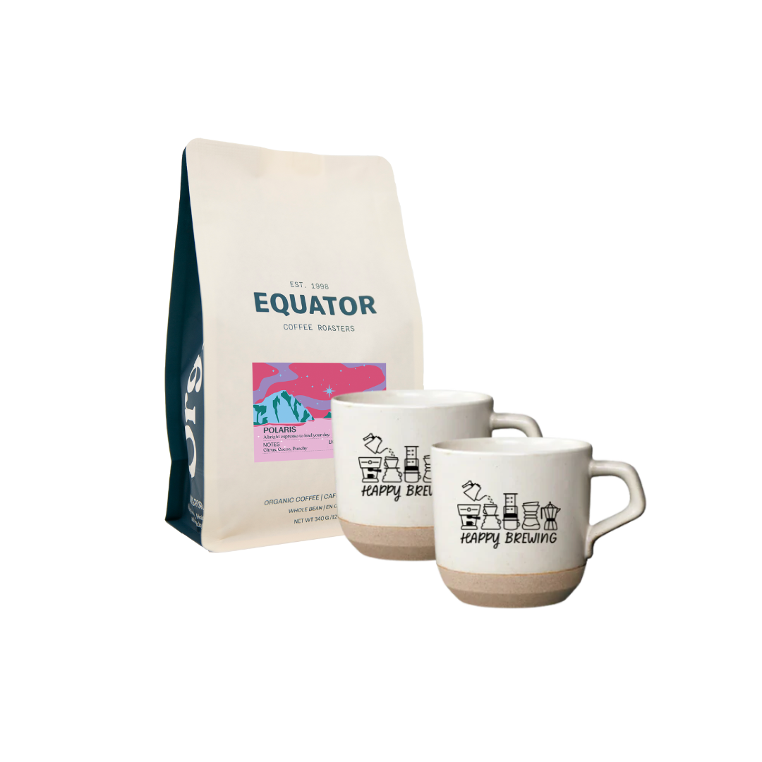 A bundle of Equator coffee with two Kinto ceramic mugs.