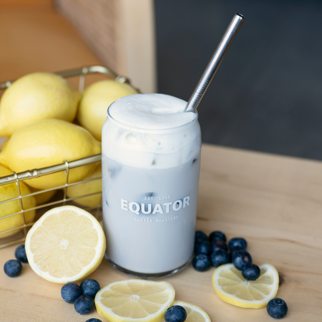 Blueberry lemon fog with a silver metal straw.