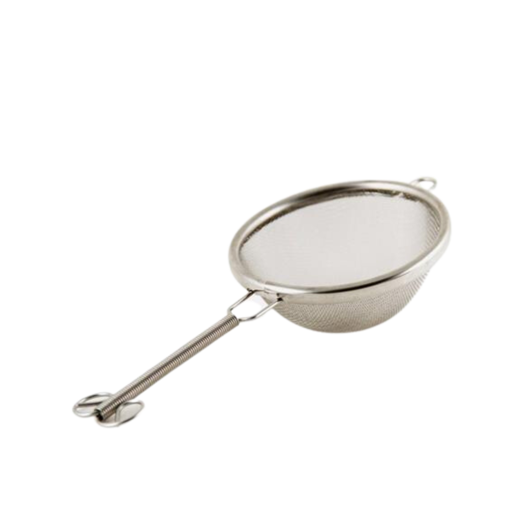 Small stainless steel sifter with a handle for sifting matcha powder.