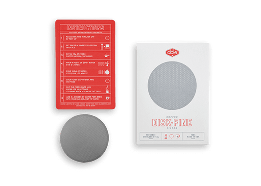 Showing the back and front of the packaging of the stainless steel filter for the Aeropress