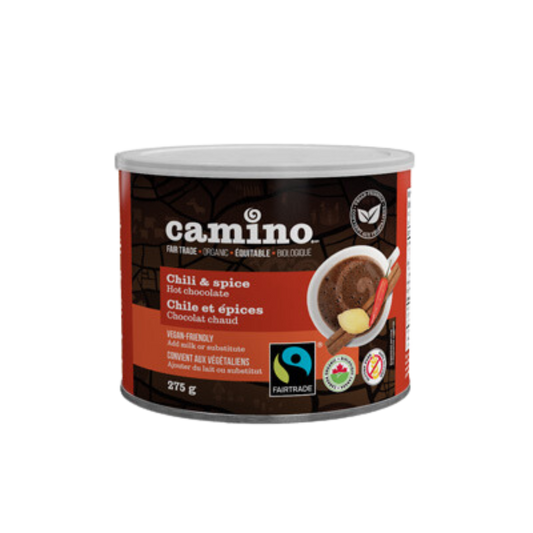 Tin of fair trade, organic Chili and Spice hot chocolate from Camino.