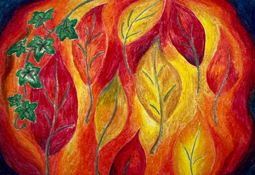 A painting capturing the essence of fall, with red, yellow and orange leaves. A small sprig of green leaves as well. Painting by Anya Johnson Poon.