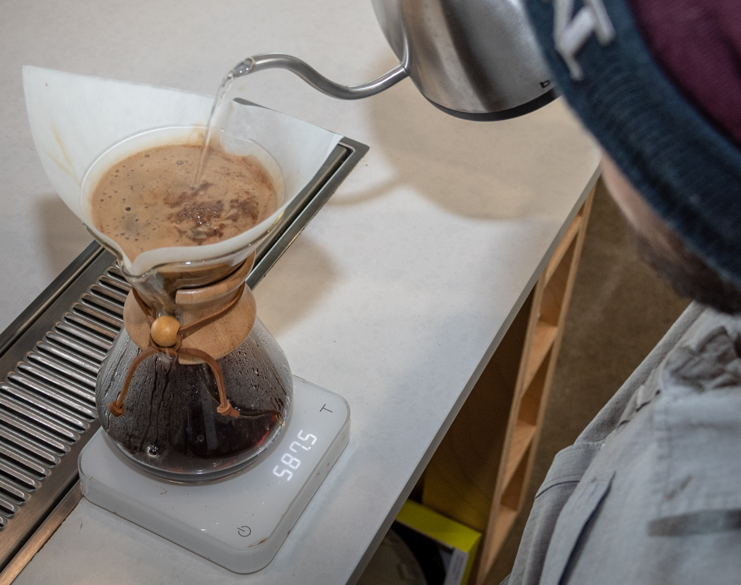 A pour over using a Chemex on a scale.