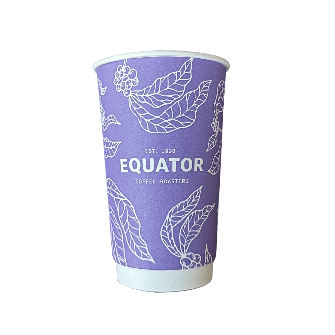 Purple coffee cup with 'Equator Coffee Roasters' branding on it.