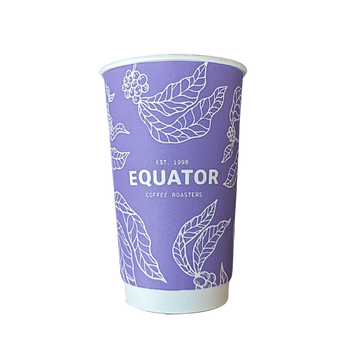 Purple coffee cup with 'Equator Coffee Roasters' branding on it.