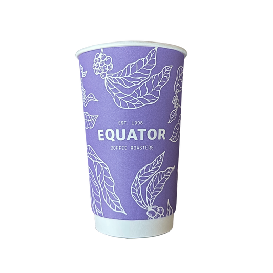 Purple coffee cup with 'Equator Coffee Roasters' branding on it.