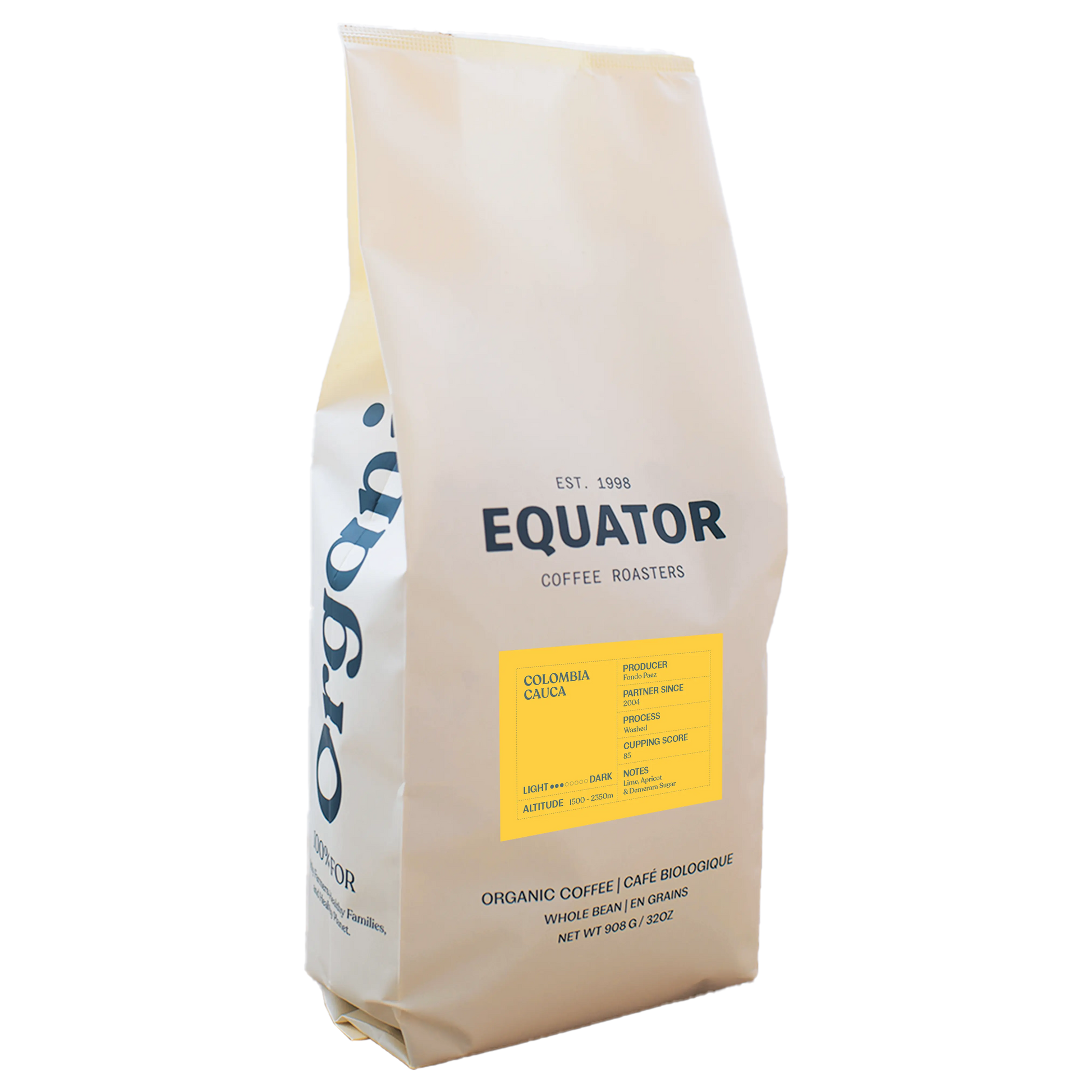 A 2lb bag of Equator Organic Coffee Roasters whole bean coffee. The bag is a warm cream color with dark blue text and a bright yellow label on the front.