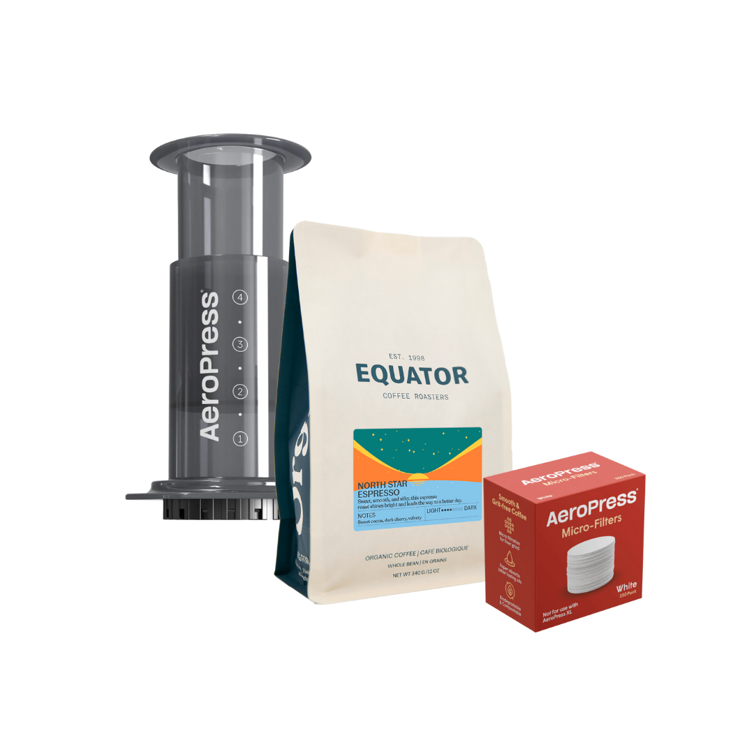 Filters and AeroPress coffee maker with a bag of North Star Espresso.