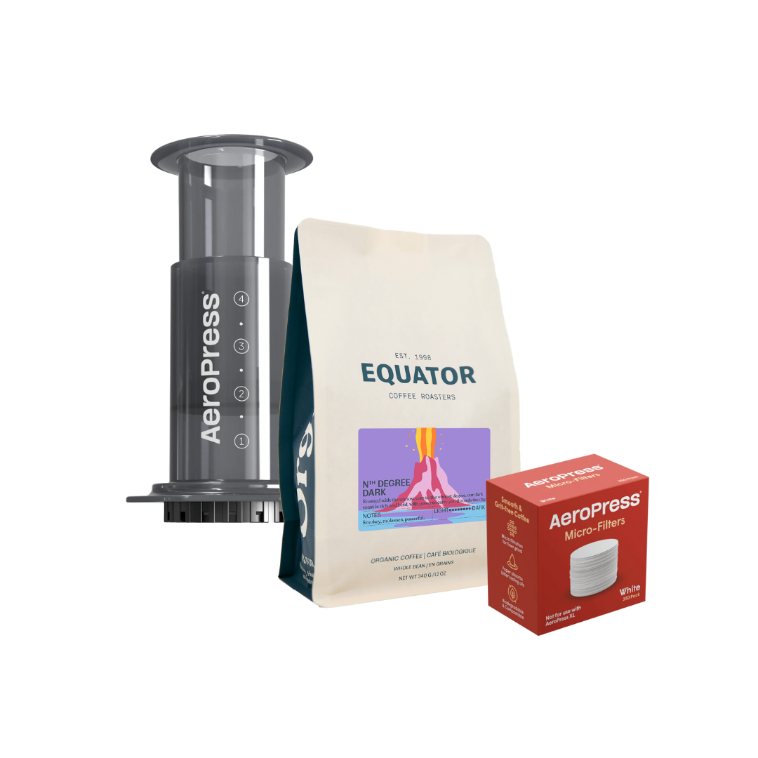 Bag of coffee, AeroPress and a box of filters.