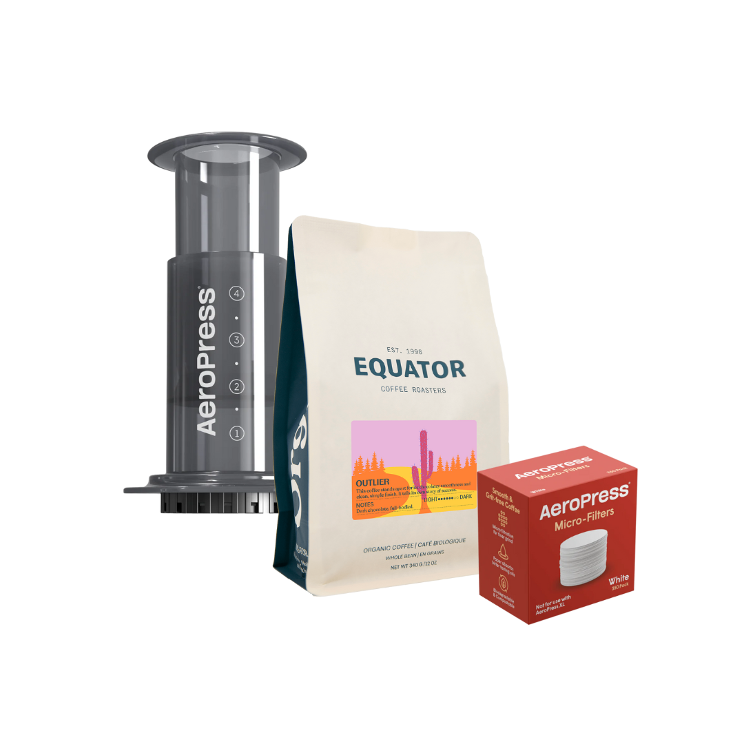 AeroPress starter bundle with coffee maker, bag of coffee and a box of filters.
