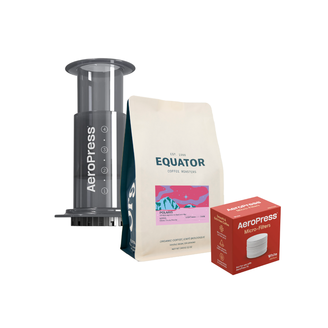 Bundle with AeroPress brewer, Polaris espresso and a box of filters.