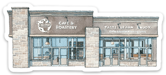 A watercolour painting of our Almonte Cafe and Roastery location as a sticker.