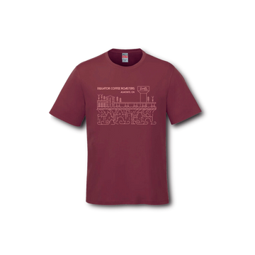 Maroon t-shirt with a line drawing of the waterfalls in Almonte