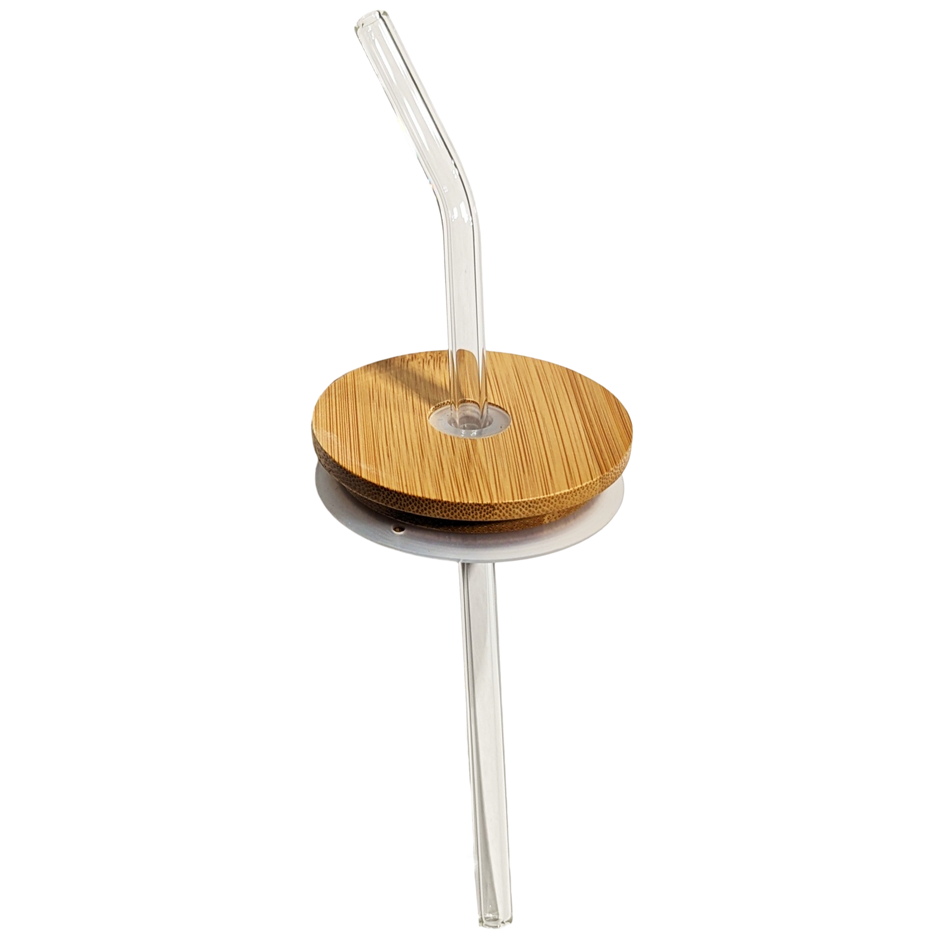 Bamboo lid for 16oz glasses with a glass straw in it.