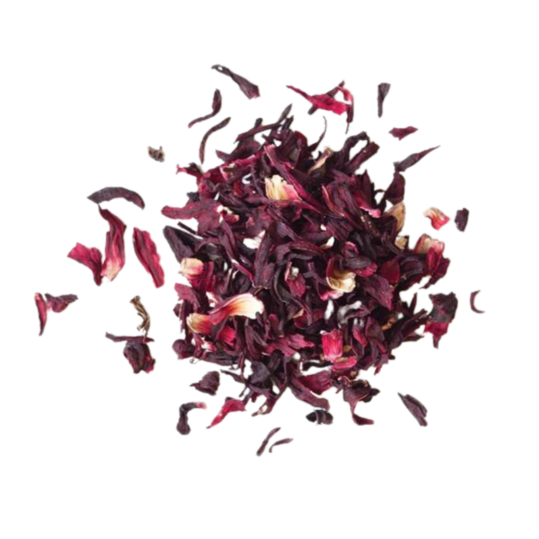 Scoop of organic hibiscus tea leaves.