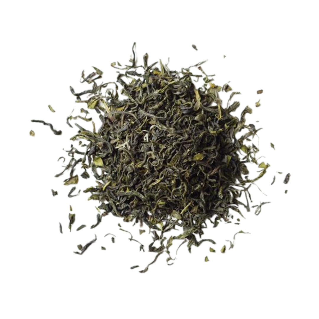Scoop of Rishi's Jade Cloud loose leaf tea leaves.