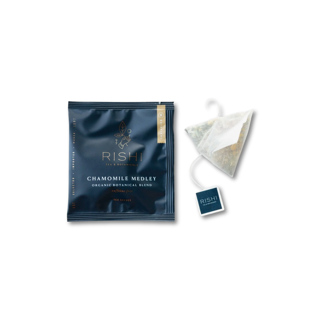Rishi Chamomile Medley tea package and triangle tea bag
