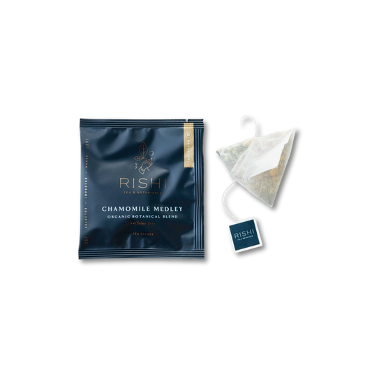 Rishi Chamomile Medley tea package and triangle tea bag