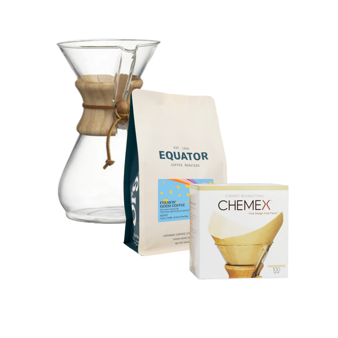 A Chemex coffee maker, filters and a bag of coffee.