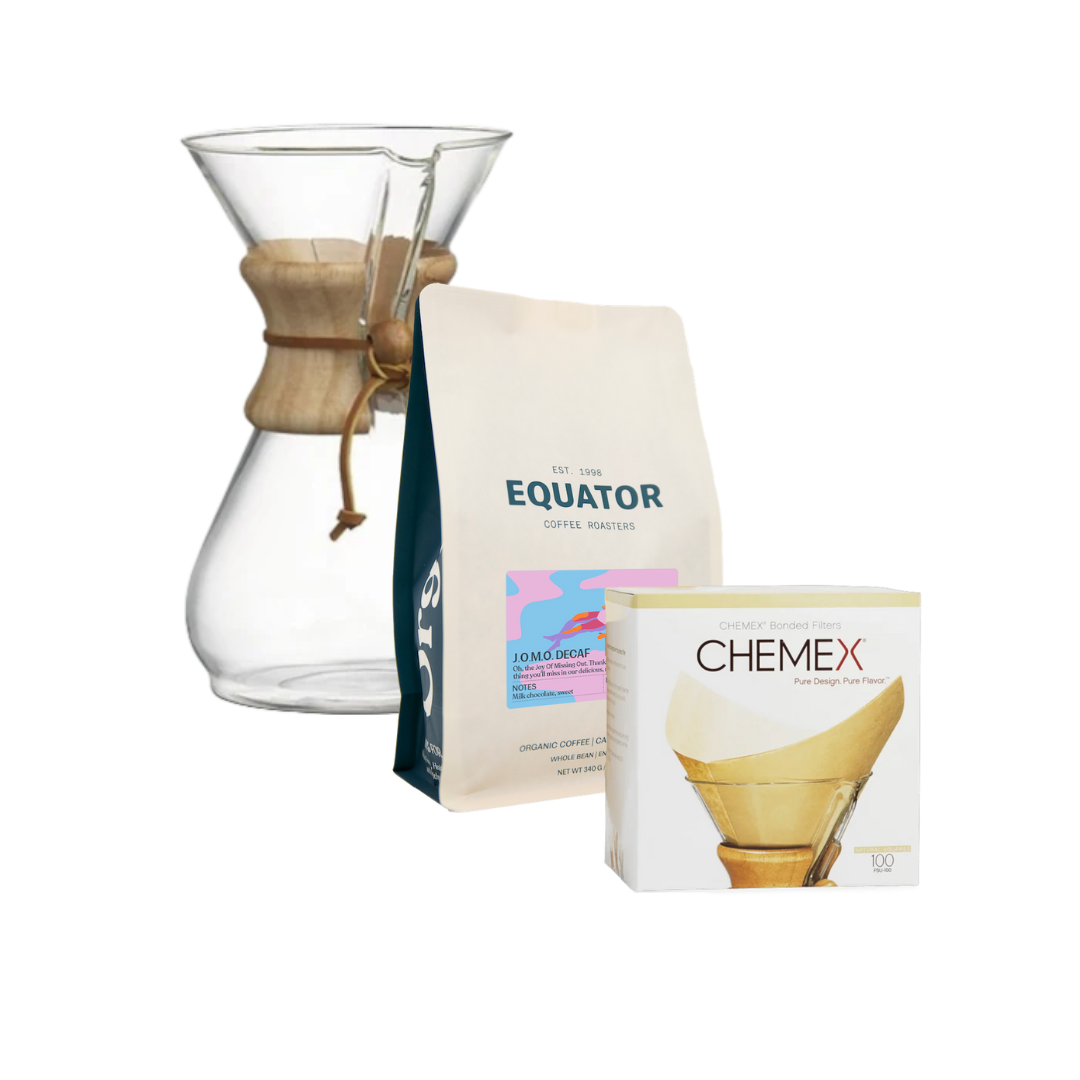 Chemex 6-cup coffeemaker, a bag of JOMO decaf and a box of filters.