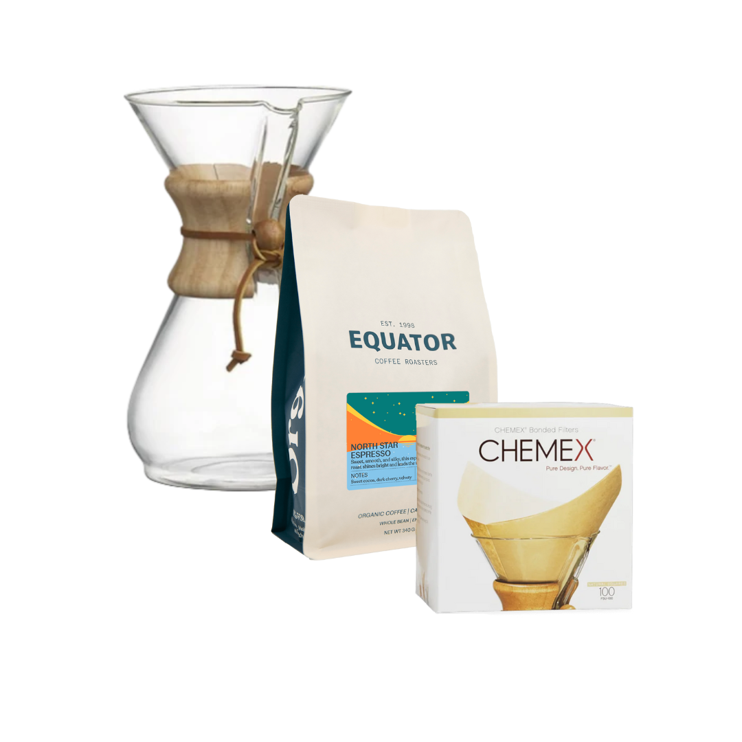 Chemex coffee brewer, filters and a bag of North Star Espresso.
