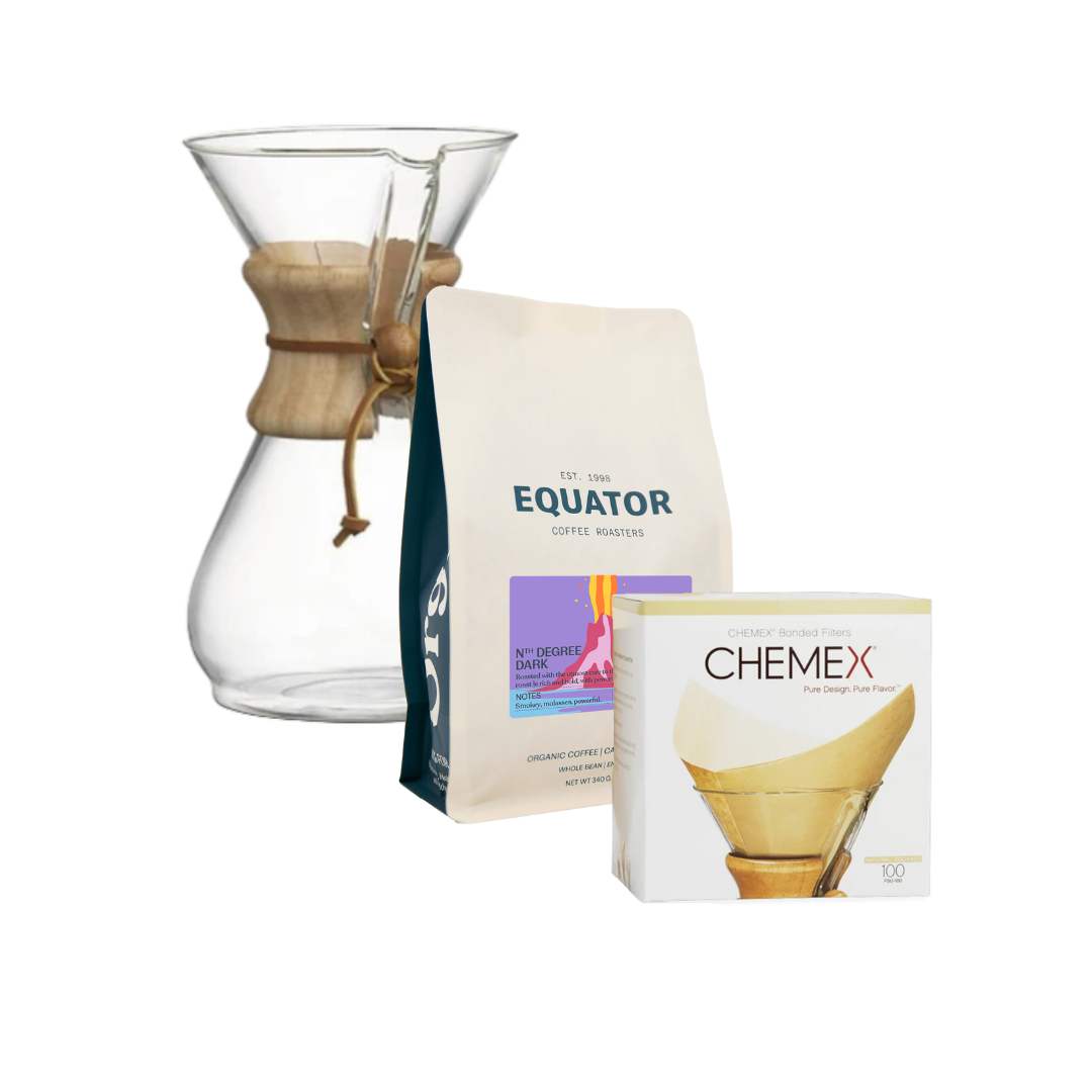 Chemex pour over coffeemaker with a bag of coffee and a box of filters.