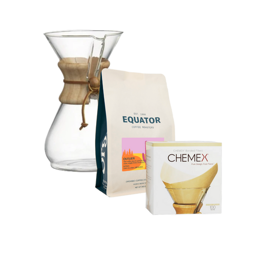 Chemex coffee maker, bag of coffee and a box of filters.