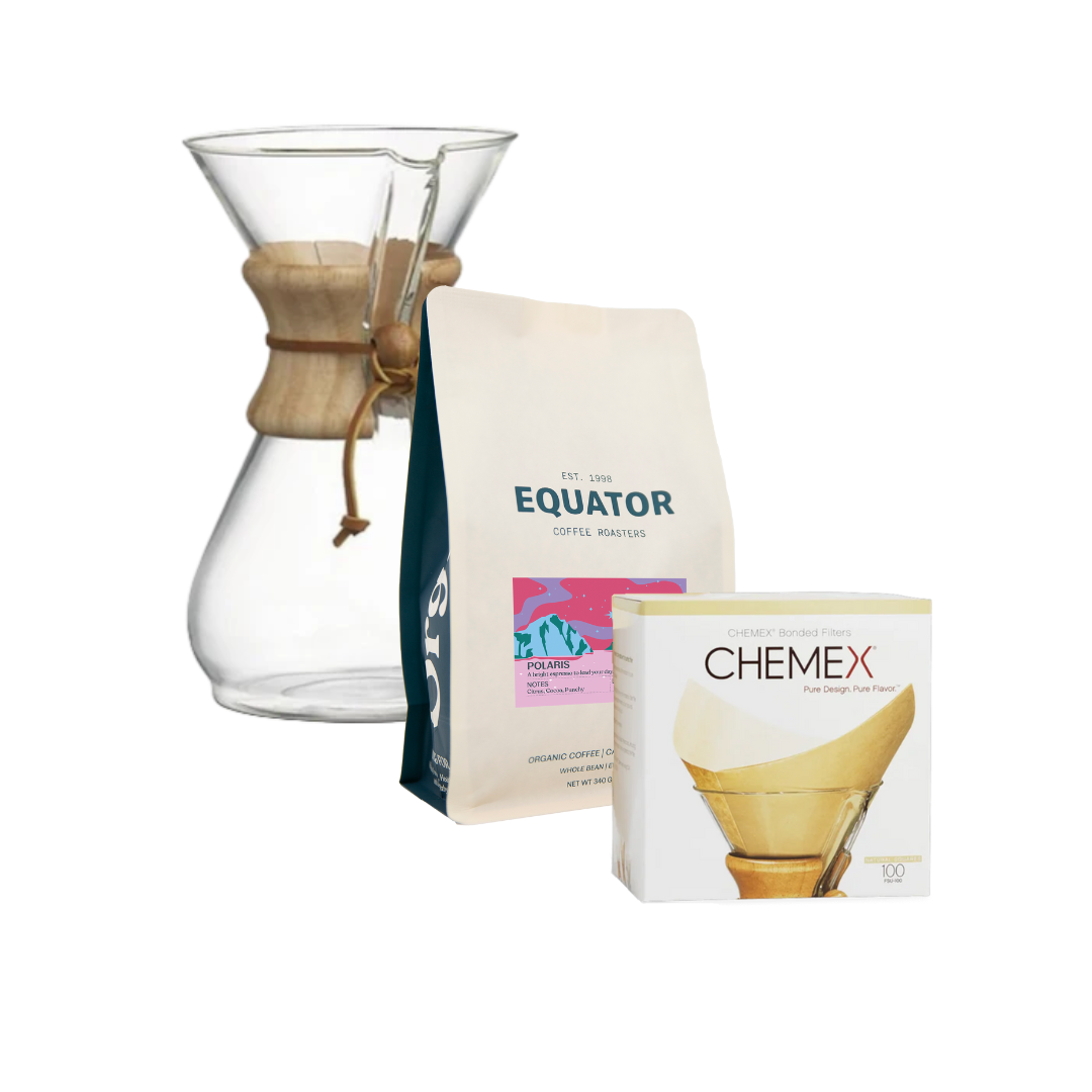 Chemex, a bag of coffee and filters for the Chemex.