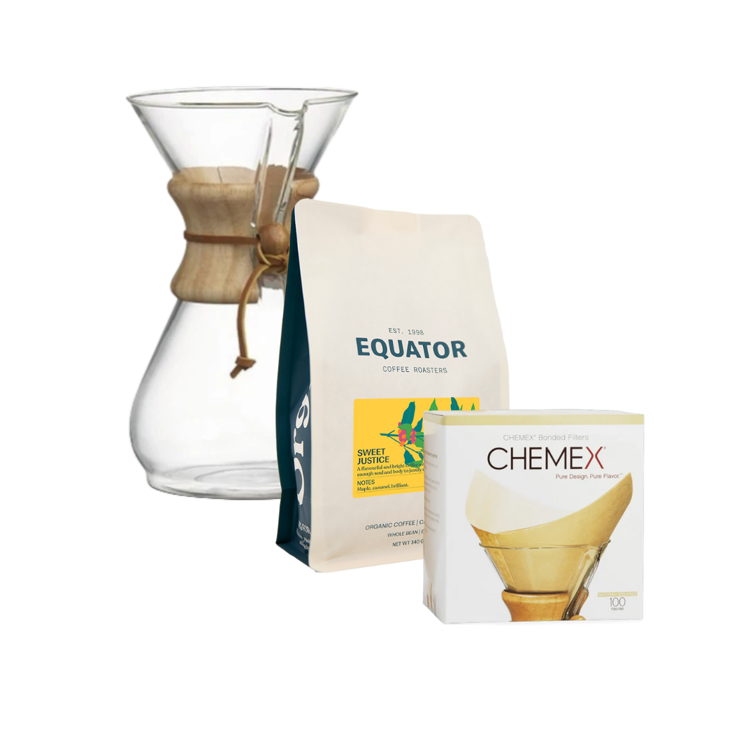 Chemex filters and coffee maker with a bag of Sweet Justice coffee.