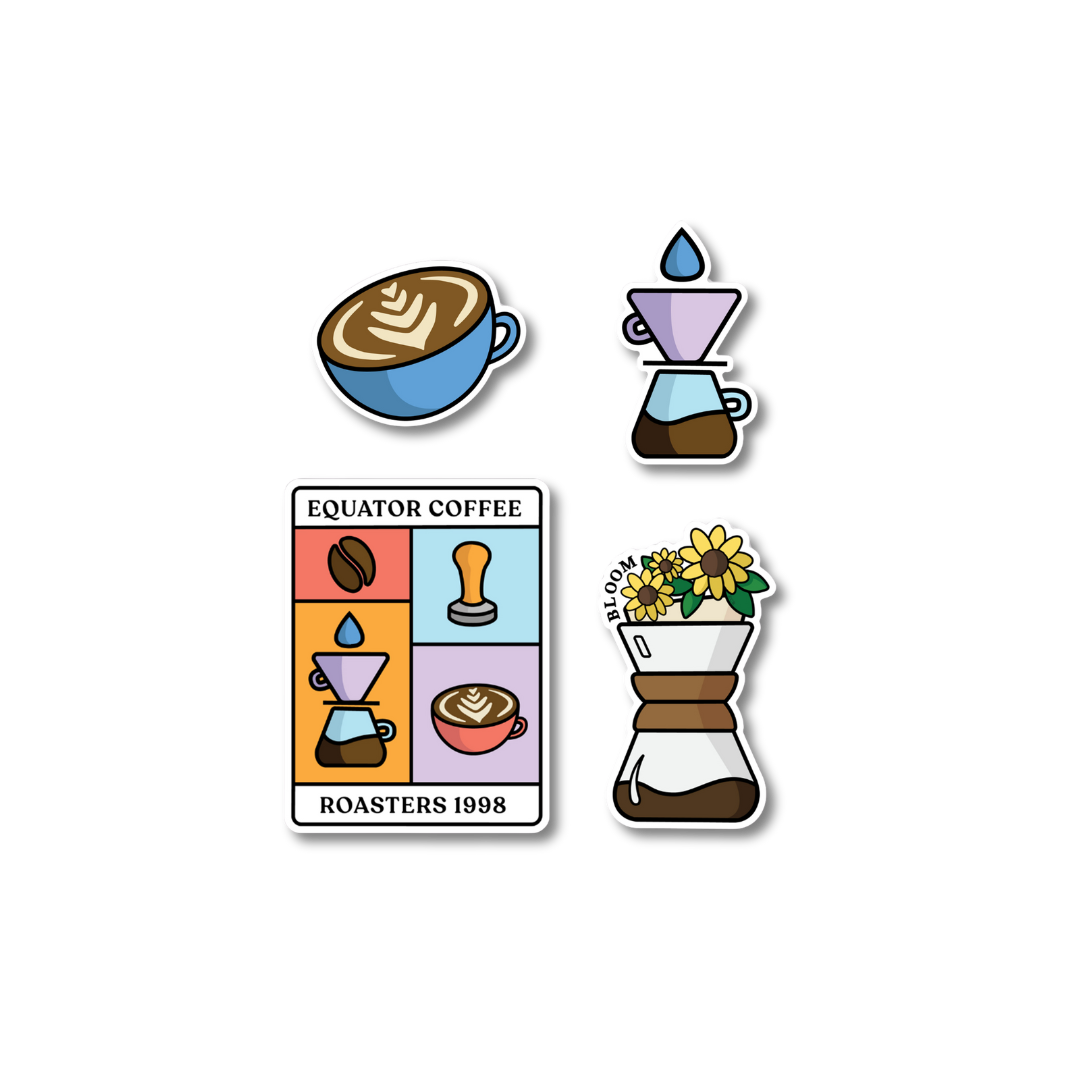 Set of coffee-themed stickers with various coffee-related graphics.