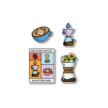 Set of coffee-themed stickers with various coffee-related graphics.